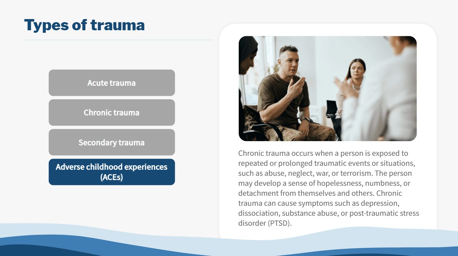 Types of trauma screen with buttons for acute, chronic and secondary trauma and adverse childhood experiences