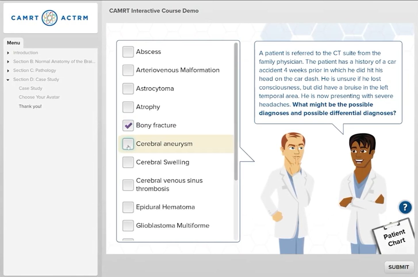 Case study screen with a patient description and a list of possible diagnoses to select