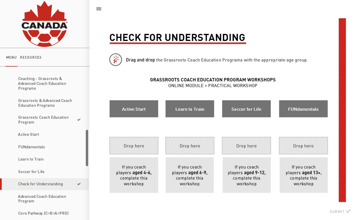 Drag-and-drop check matching the four workshops to players' age groups