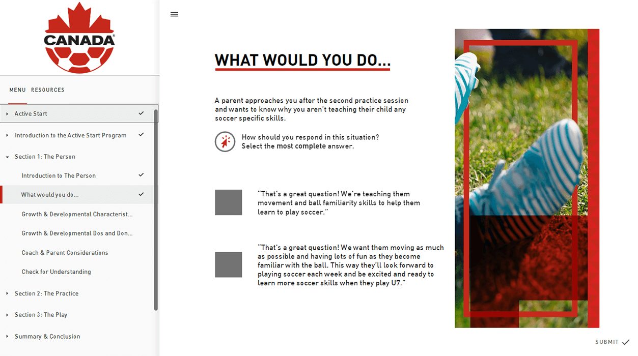 Scenario question in which a parent asks a coach why practice is not teaching skills, with two responses to choose from