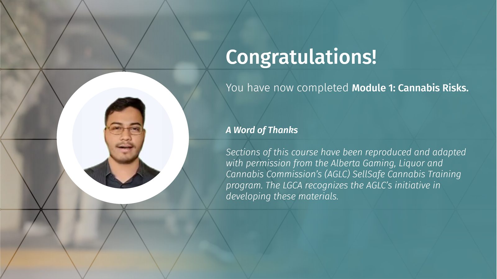 Module completion screen with an avatar guide and an acknowledgment of adapted materials