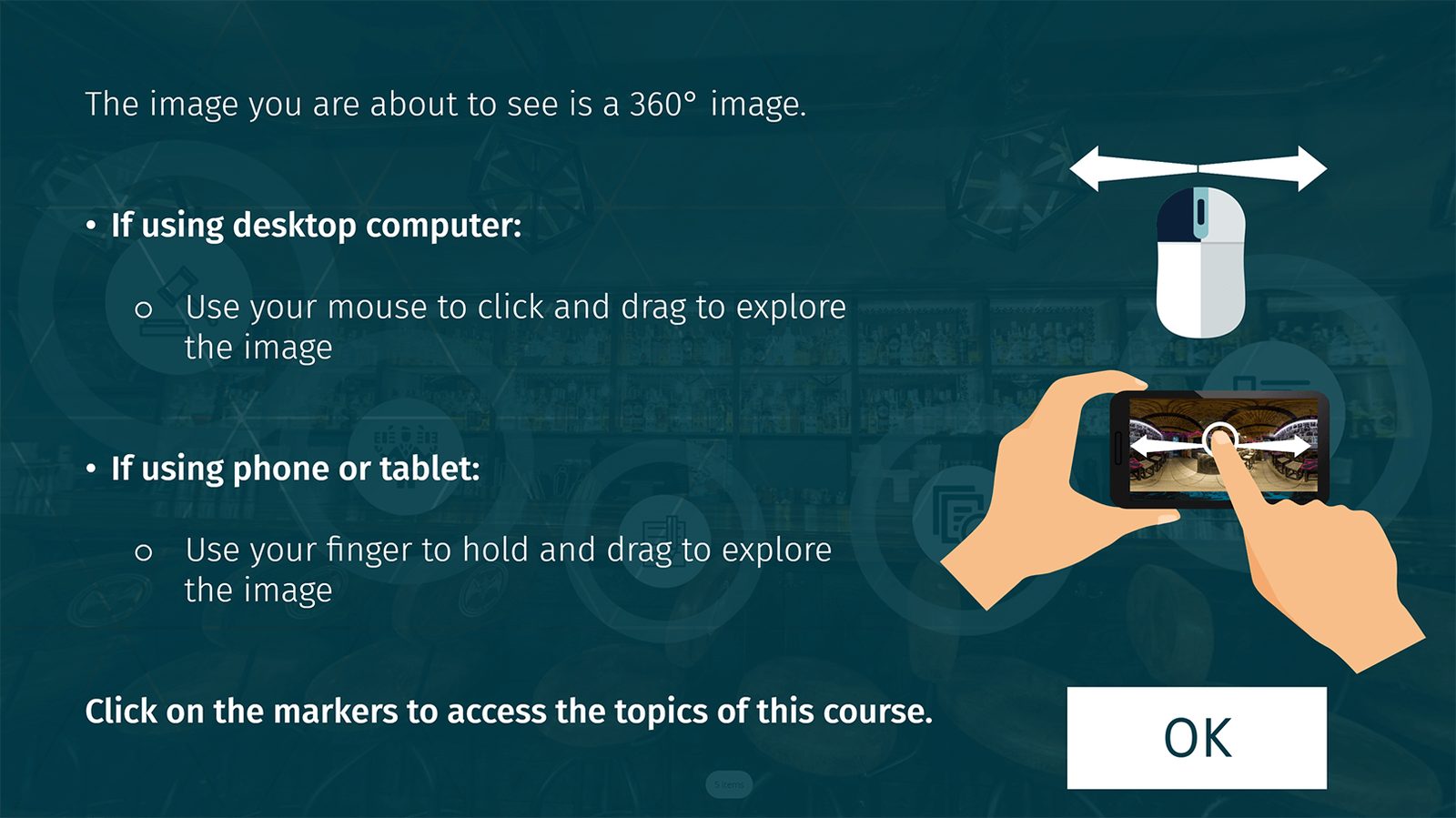 Instructions for exploring a 360-degree image with a mouse on a computer or a finger on a phone or tablet