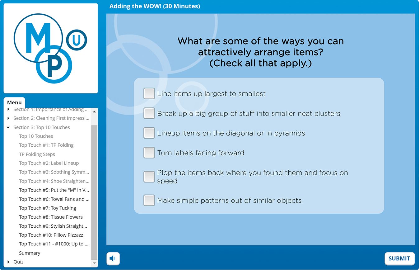 Select-all-that-apply question on ways to arrange items attractively