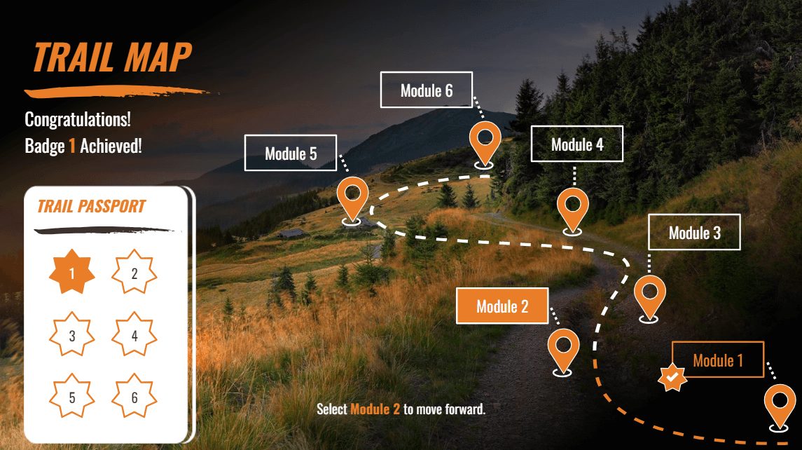 Trail map with the first badge earned in the learner's trail passport