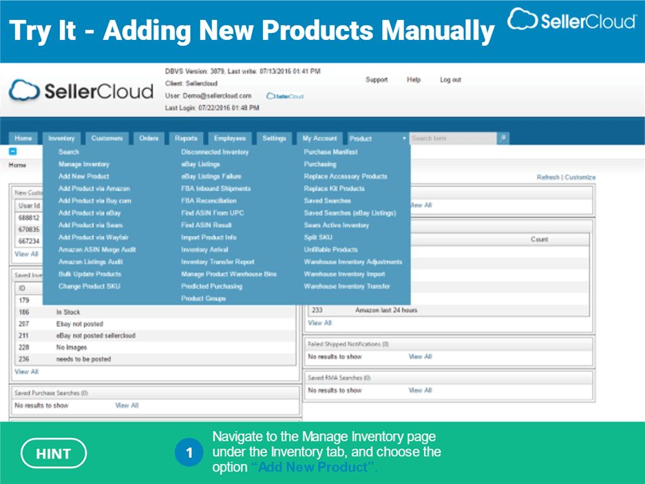 Simulated SellerCloud inventory menu with a hint telling the learner where to click
