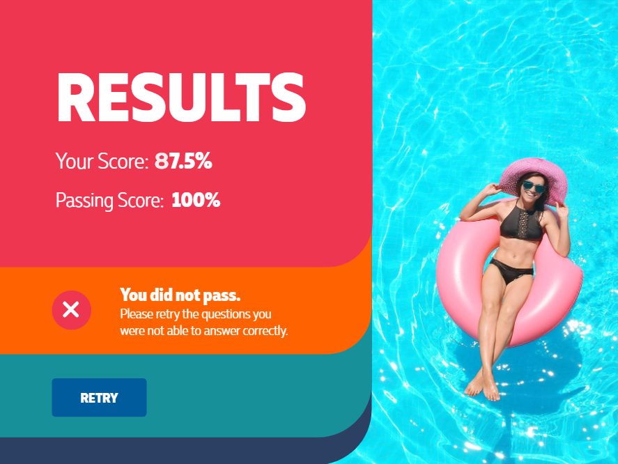 Results screen showing a score below the 100% passing score and asking the learner to retry the missed questions