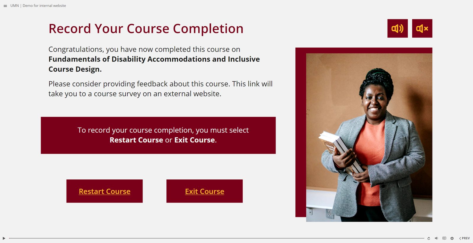 Completion screen with buttons to restart or exit the course and a link to a feedback survey