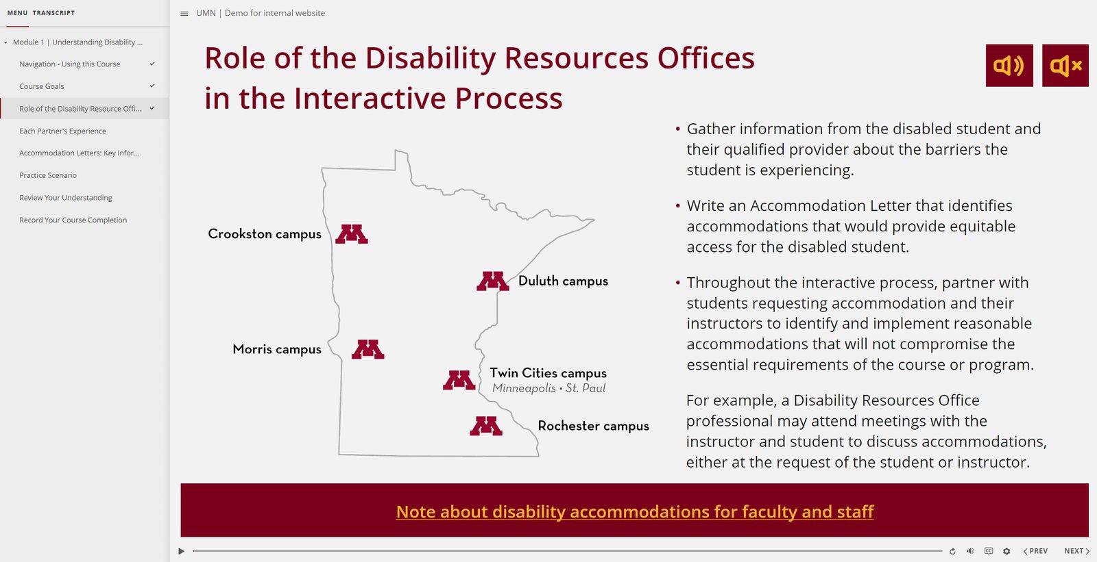 Map of Minnesota marking the five campuses beside notes on the role of the Disability Resources offices
