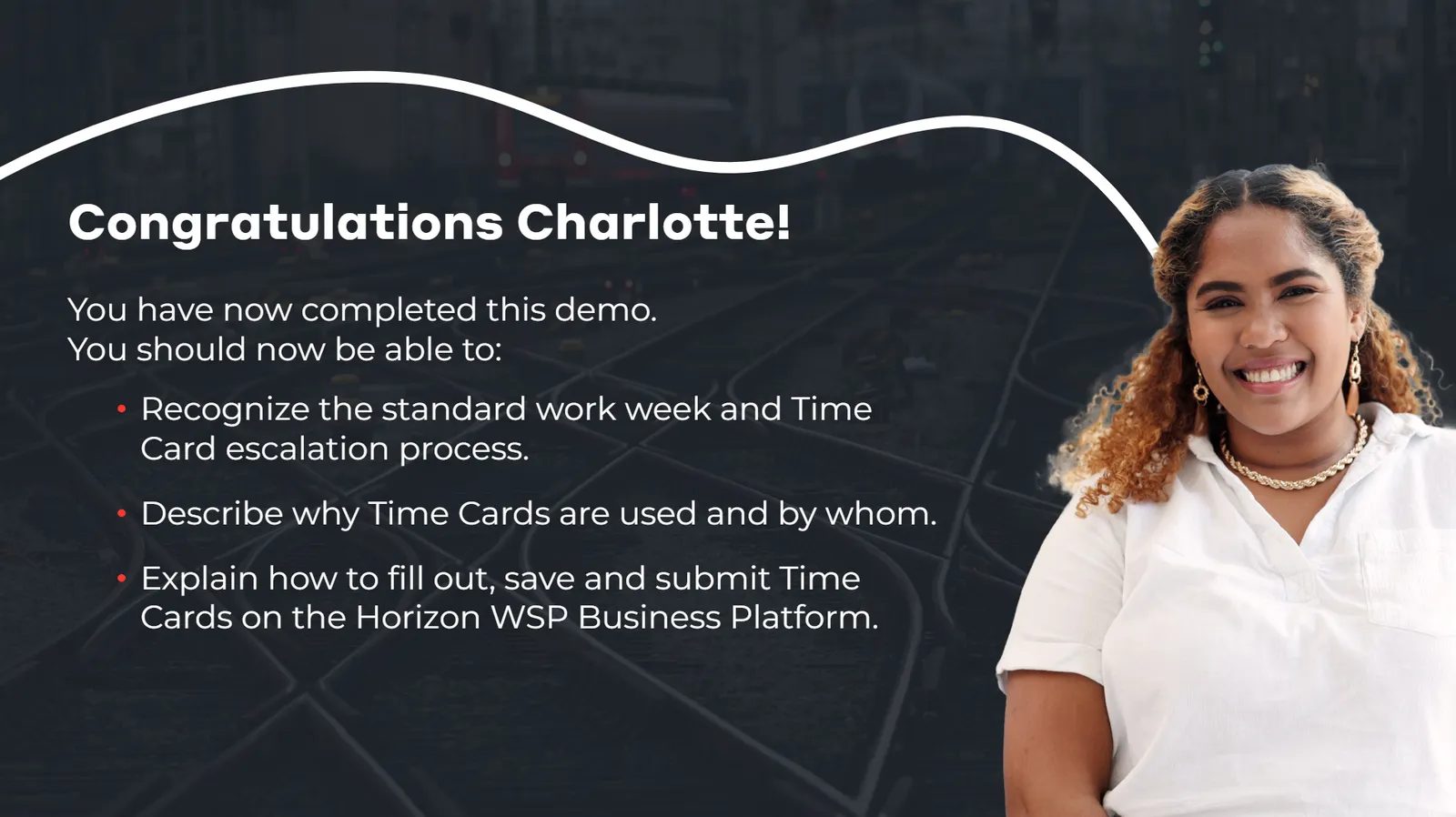 Completion screen congratulating the learner by name and listing what they can now do