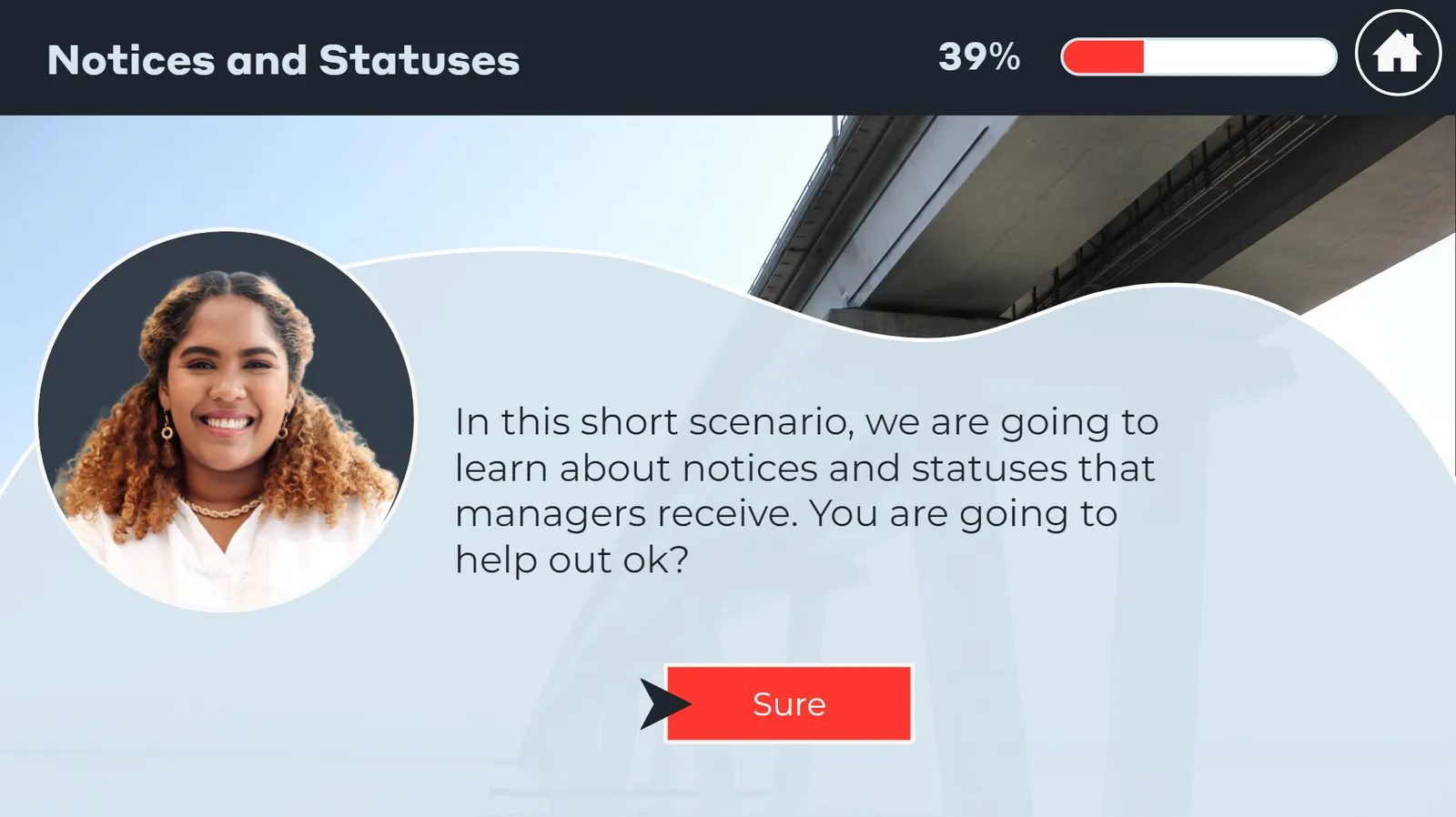 Scenario introduction about notices and statuses, with a progress bar at 39%