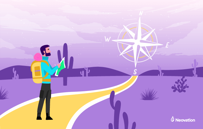 Vector illustration of a man wearing a backpack and holding a map. He's standing on a trail and looking towards the sky which has a giant compass star in the sky.
