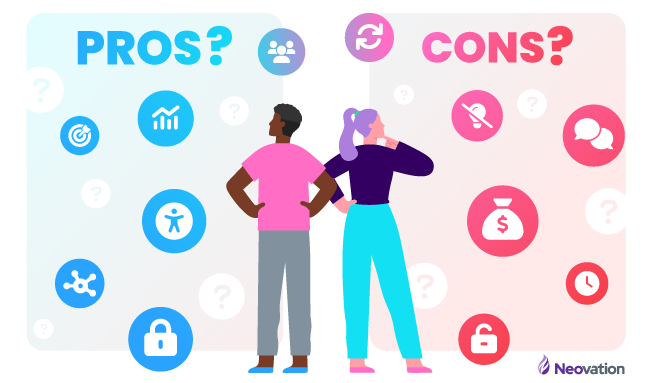 To characters stand with their backs to the viewer, looking up at the words "PROS?" and CONS?" while deep in thought. Surrounding them are various icons of things that loosely represent items someone may be considering when purchasing a content library.