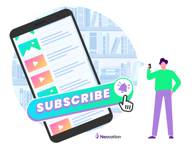 A character is holding up a smartphone. Coming off of the smartphone is a bubble, which contains a background fulll of books on shelves. Overlaid on the bubble of books is a smartphone with a list of video and image tiles, and on top of that is a large button which says "Subscribe."
