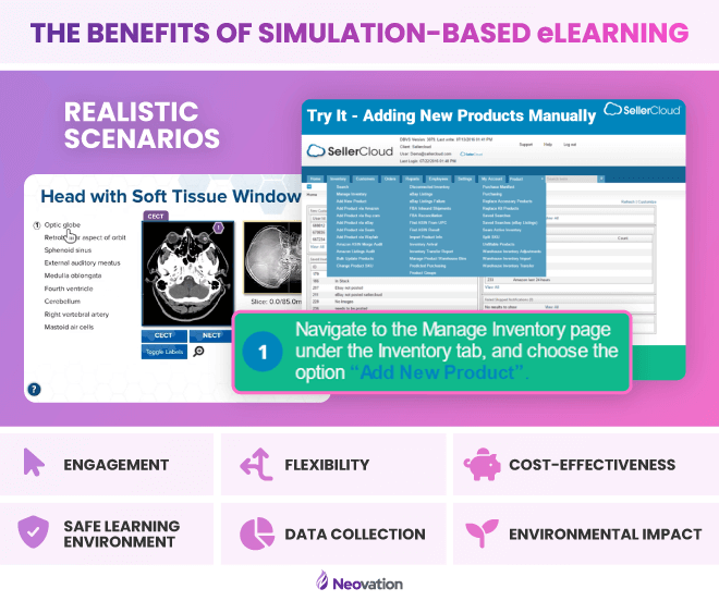 The benefits of simulation-based eLearning: realistic scenarios (shown with a medical imaging simulation and a software training simulation), engagement, flexibility, cost-effectiveness, safe learning environment, data collection, and environmental impact.