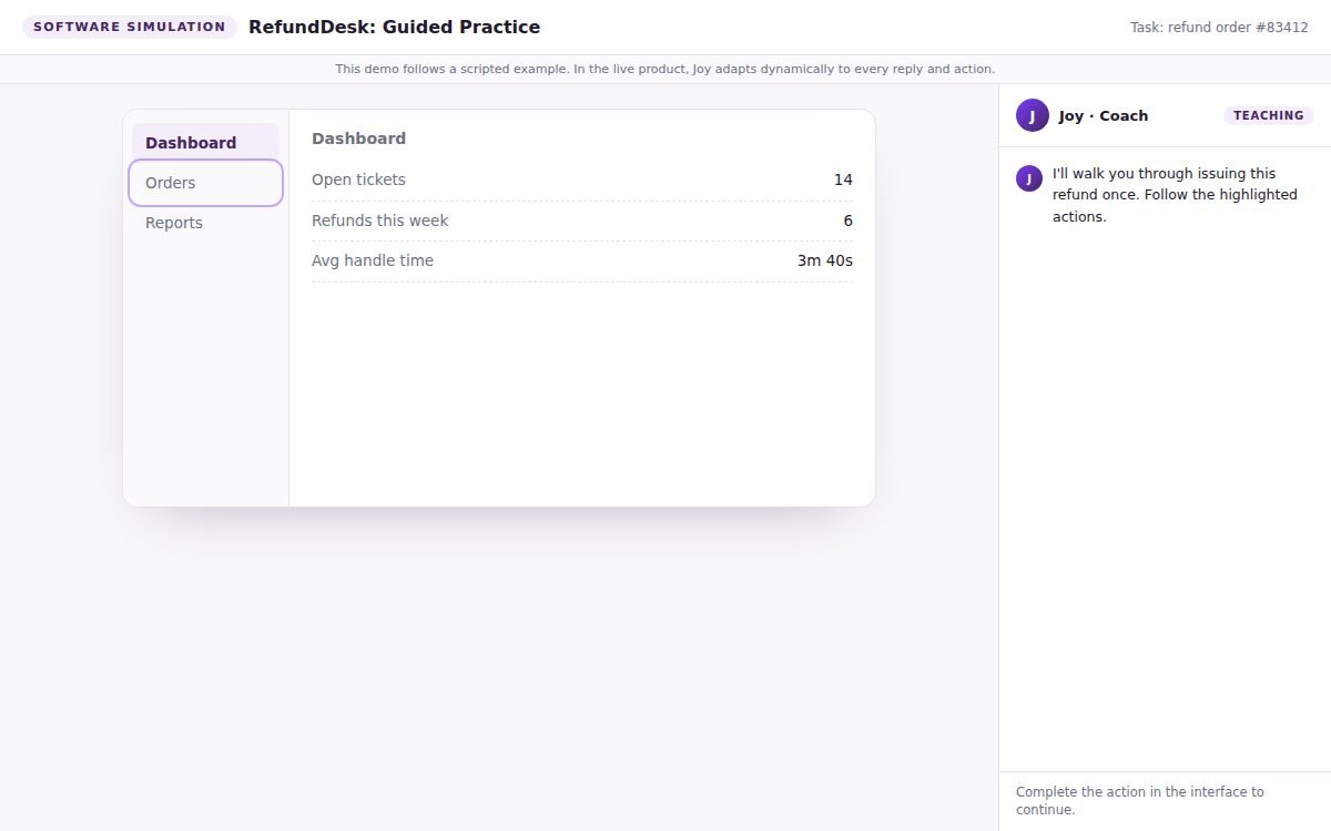 Sample data: a Course Studio software simulation of a refund desk, with JoySuite as coach in a side panel offering to walk the learner through issuing a refund.