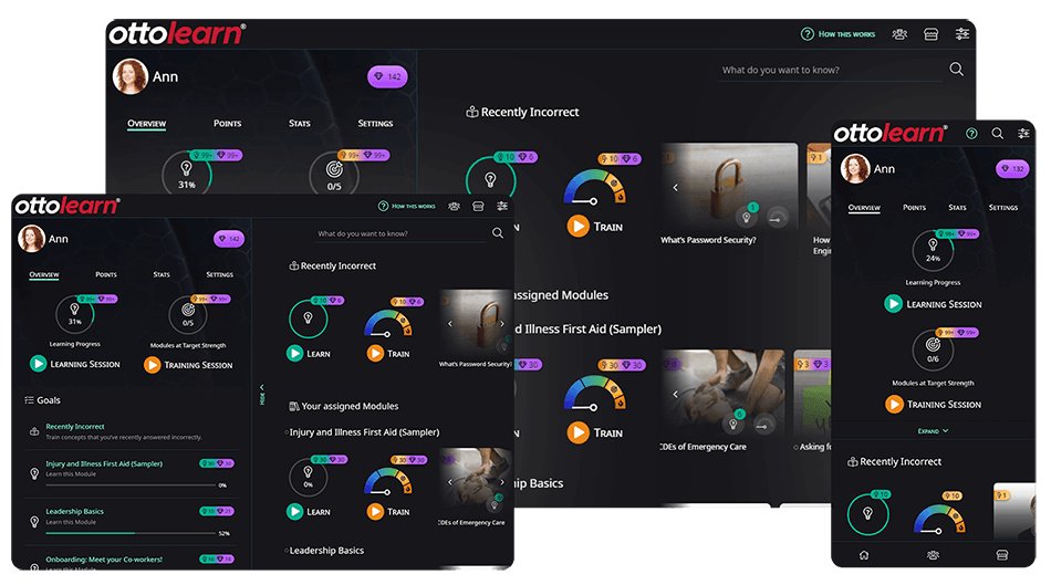 OttoLearn's learner dashboard in two browser windows and on a phone, showing learning progress, buttons to start a Learning Session or a Training Session, assigned modules and recently incorrect concepts.
