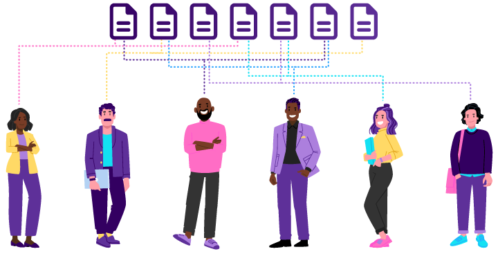 Six characters under a row of files. Each character has a line connecting them to one or two of the files.