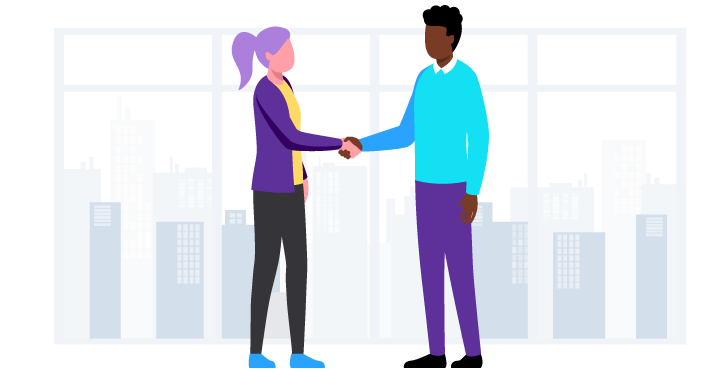 Two characters shaking hands.