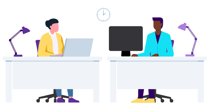 Two characters seated at their work stations.