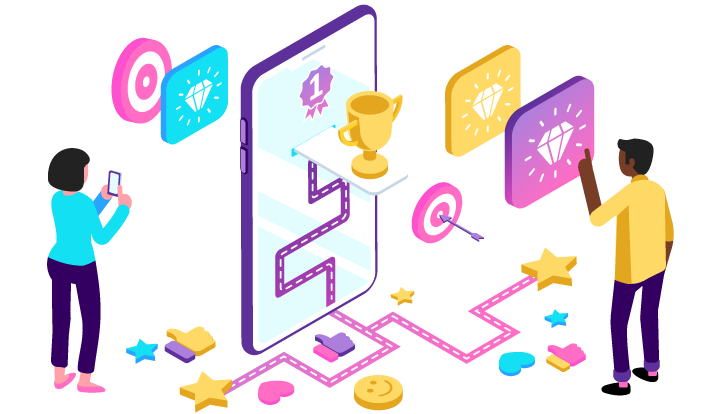 Two characters standing by a large mobile phone, with a trophy and other game elements.