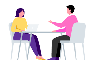 Two characters having a meeting at a table.