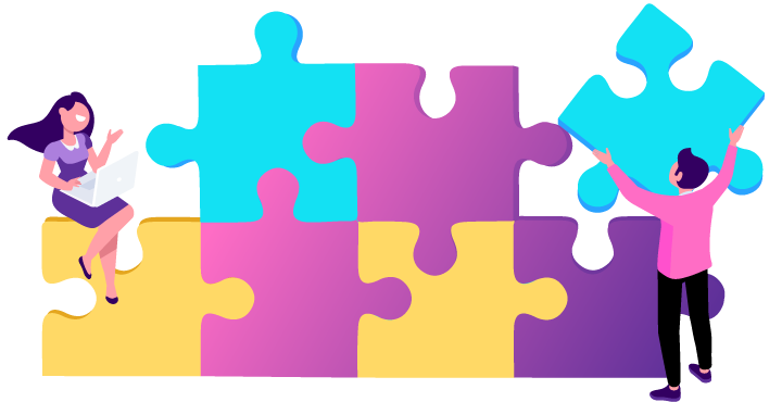 Two characters assembling a large puzzle.