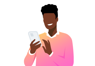 Character holding a mobile device.