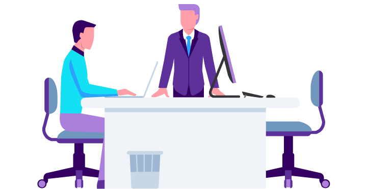 One character sitting at a desk while a character in a suit stands beside them.