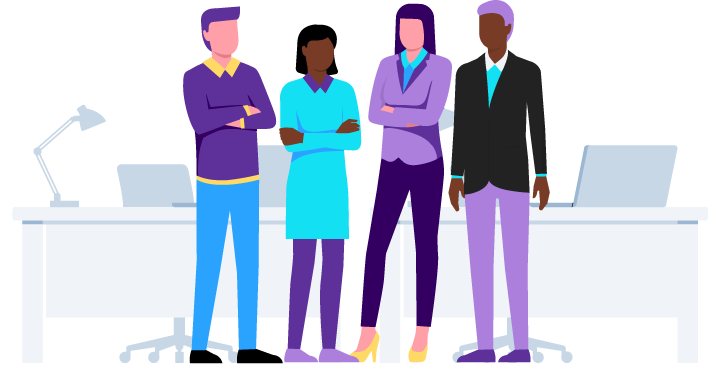 Characters in business attire standing in front of desks.