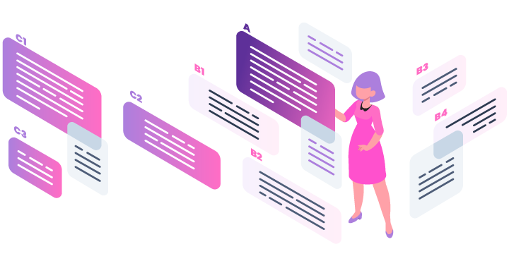 Character surrounded by numbered screens.