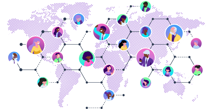 World map with 20 character heads placed in various locations.