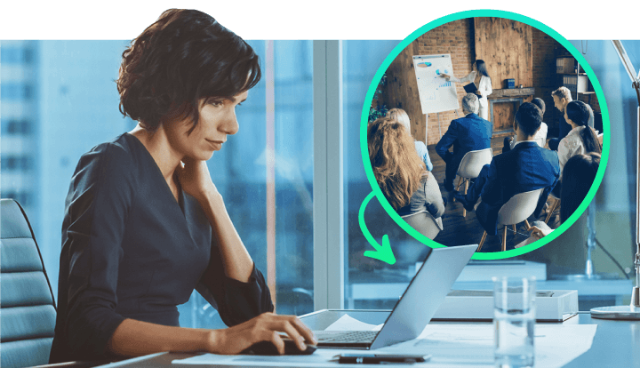 Woman seated at a desk with a laptop. A separate image bubble in the corner depicts a classroom of learners.