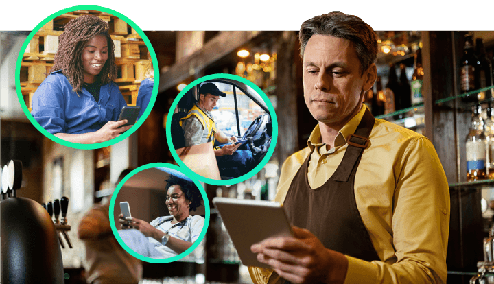 A barista holding a digital tablet. In the corner are three separate bubbles with a warehouse worker, a nurse, and a delivery driver.
