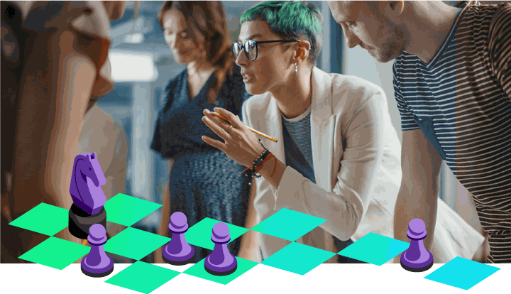 Group of colleagues having a discussion with chess pieces overlaid on the bottom.