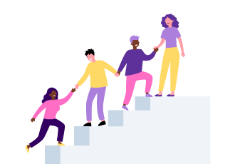 A chain of four characters helping each other up a set of stairs.