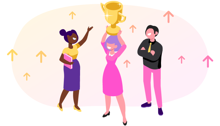 A character holding a trophy above their head.