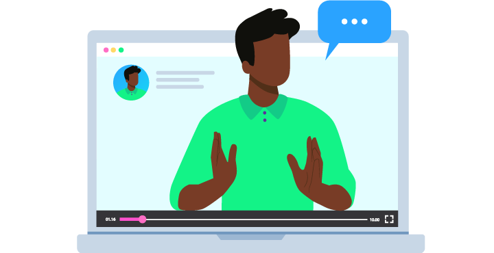 Character gesturing on a laptop screen.