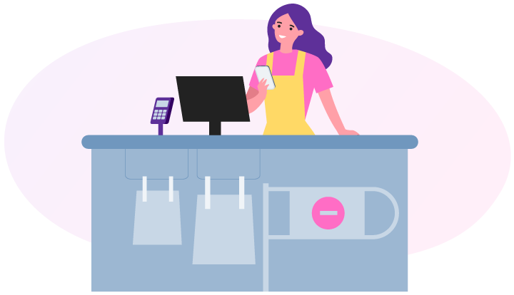 A character holding a mobile phone while standing behind a cash register.