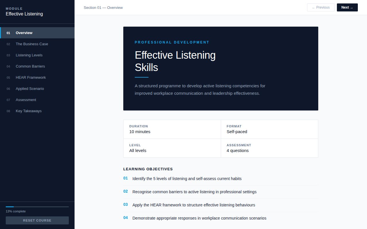 The overview screen of the corporate version, with a section menu on the left and a dark title panel naming the course