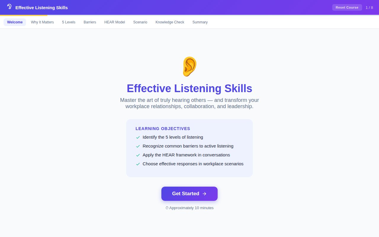 The opening screen of the Effective Listening Skills course, with its learning objectives and a Get started button