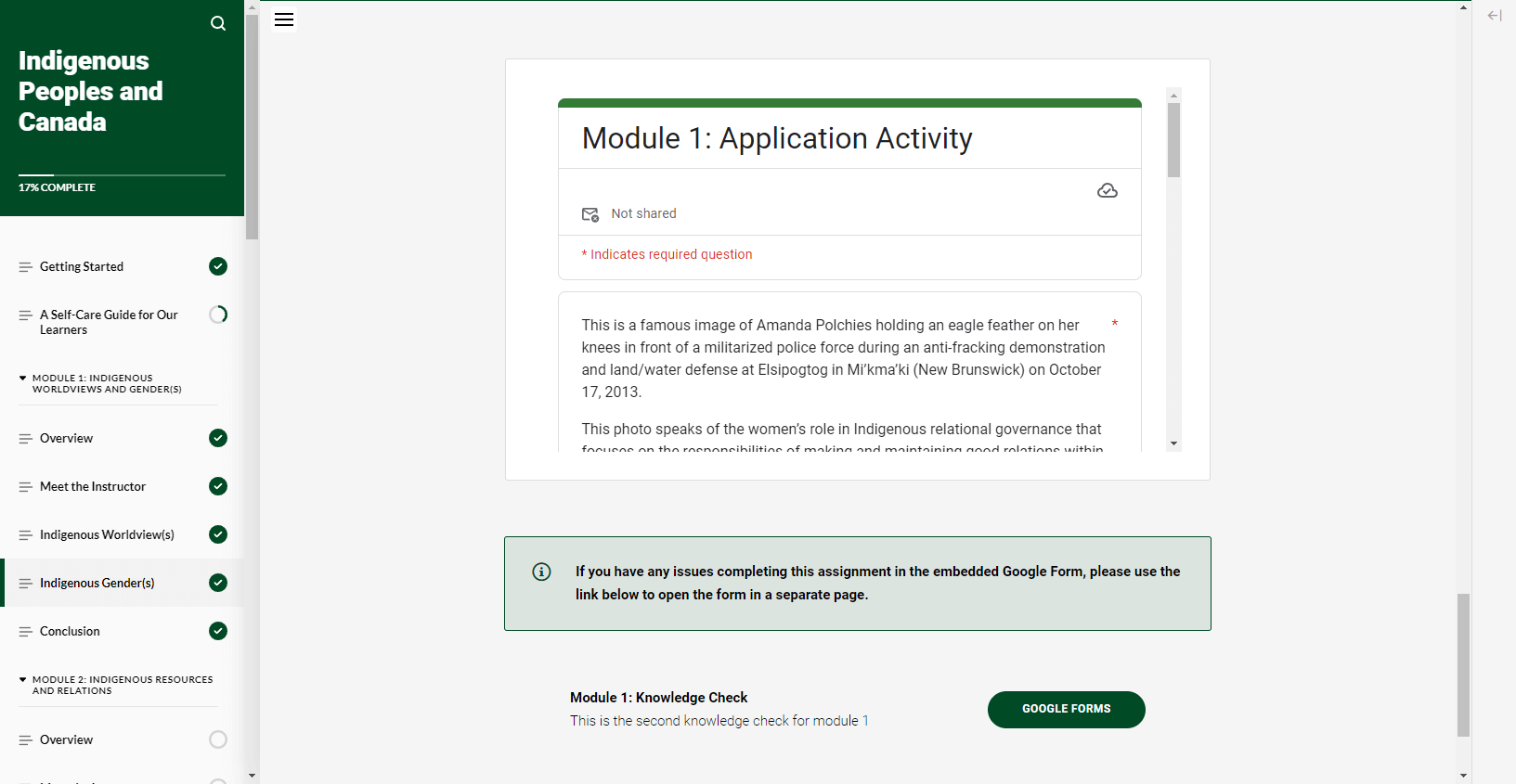 Course screenshot of an embedded form