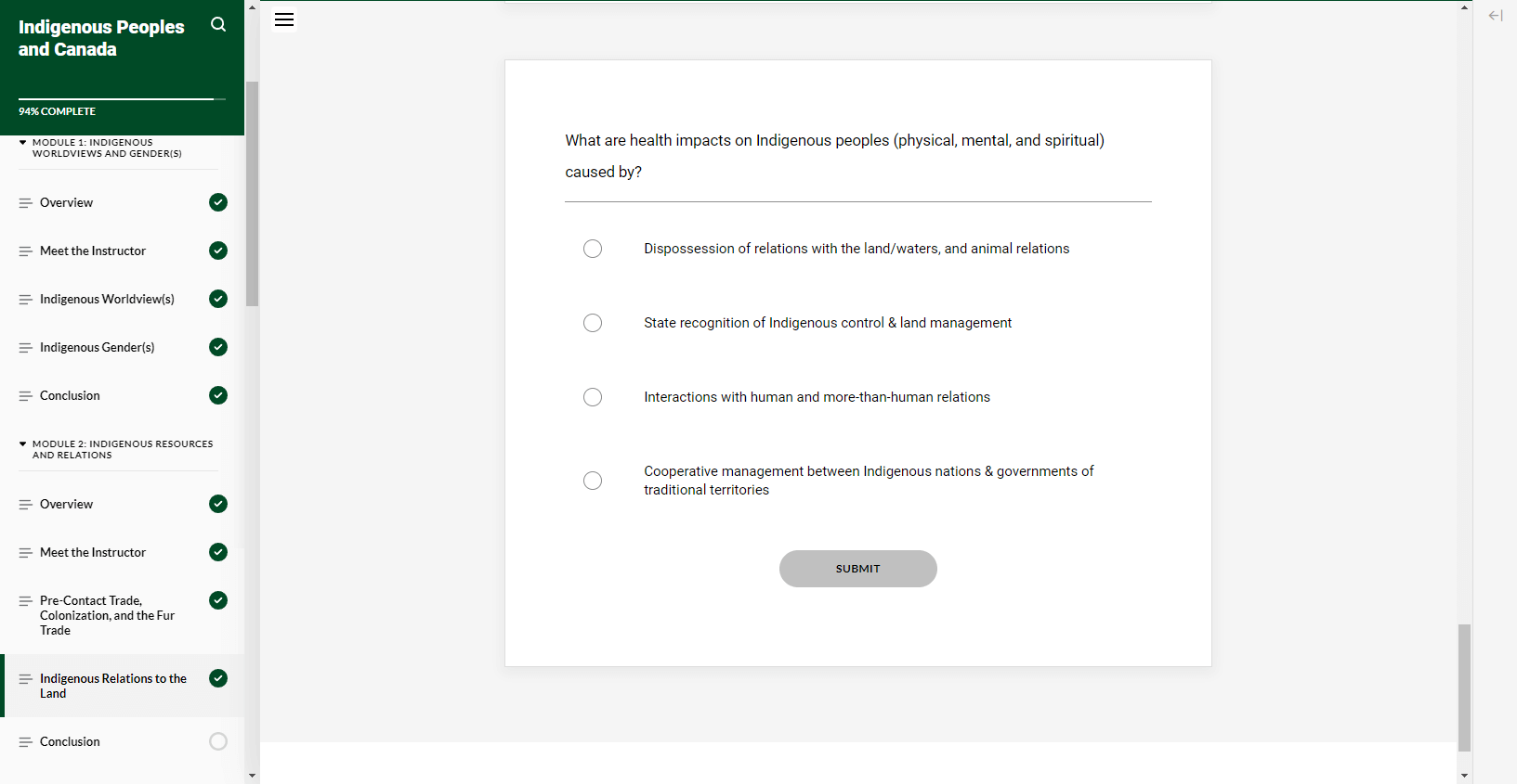 Course screenshot displaying a quiz question