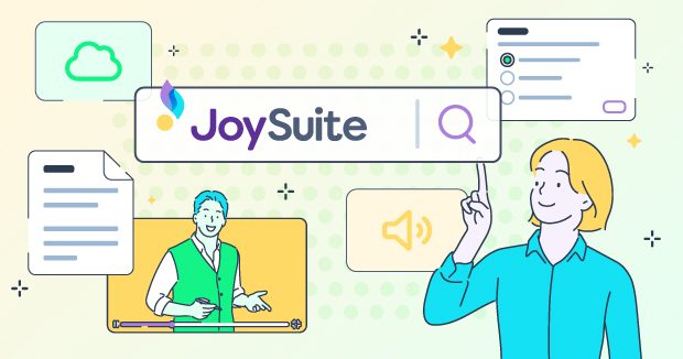 Illustration of a JoySuite search bar surrounded by a document, a video lesson and a quiz, with a person pointing at it
