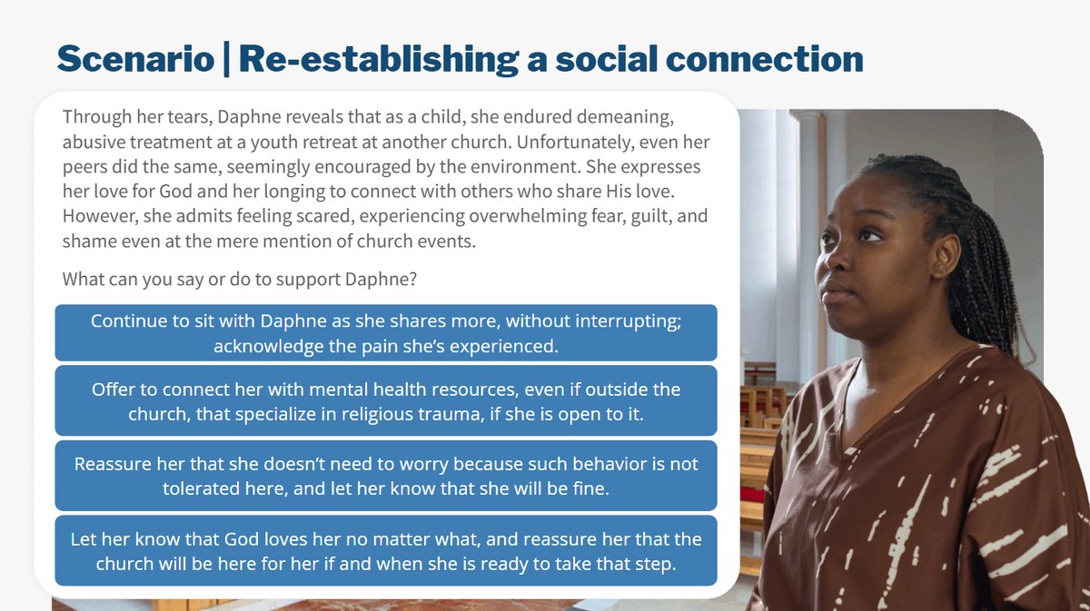 A scenario screen with a short story and four response choices beside a photo of a woman
