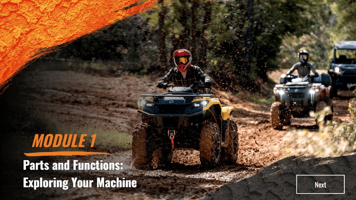 A module title screen over footage of riders on all-terrain vehicles on a muddy trail