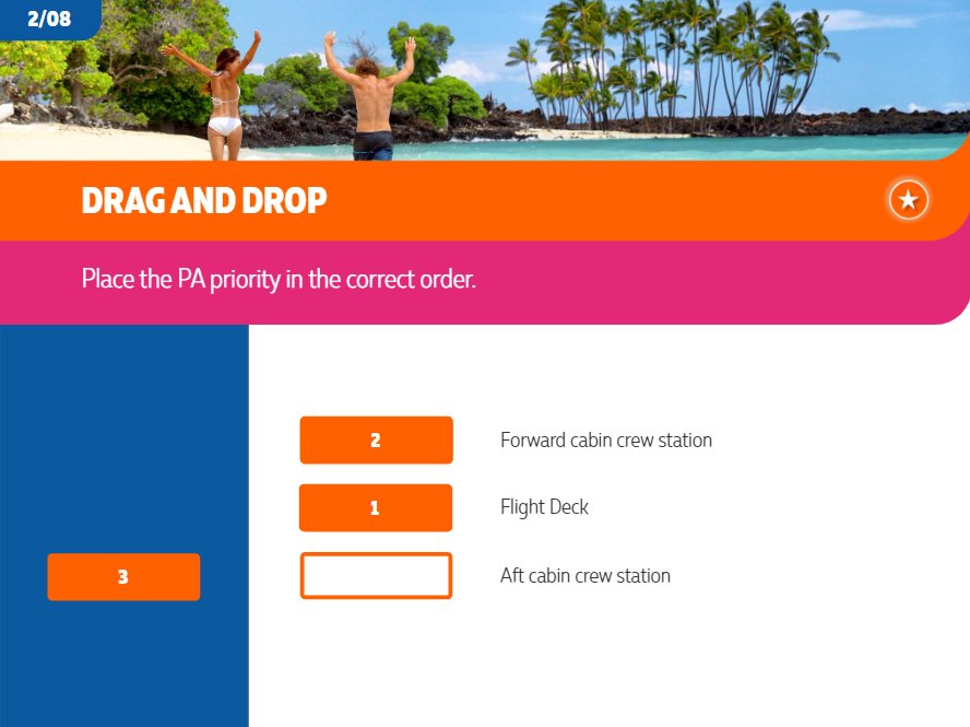 A drag-and-drop question asking the learner to place cabin crew stations in priority order